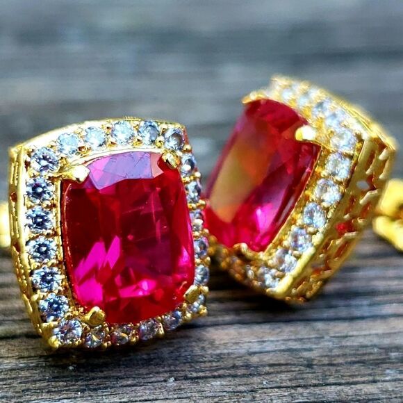Lab Simulated Ruby & Diamond Rectangle Earrings - Picture 2 of 4